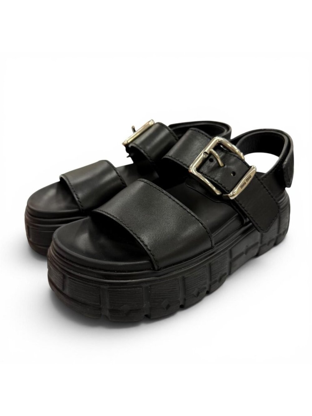Miu Miu Leather Chunky Sole Logo with Belt Sandals Black